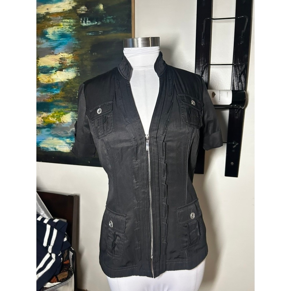 WHBM Black Short Sleeve Zip Up Ruffle Utility Jacket Blouse 4 - Picture 1 of 6